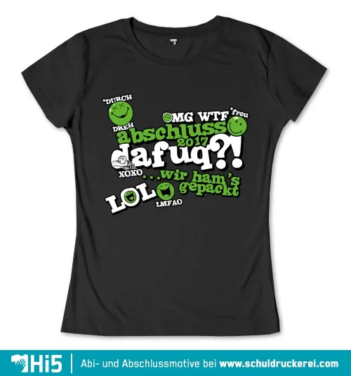 Grafisches T-Shirt-Design mit dem Text "Abschluss 2017" und verschiedenen Abkürzungen und Emojis.