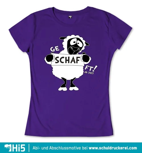 Illustration eines Schafes, das ein Schild mit "GESCHAF FT!" hält, auf lila Hintergrund.