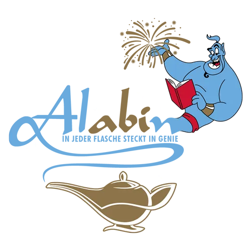 Blaue Zeichentrickfigur liest ein rotes Buch und hat einen Kopfputz, neben einer goldenen Wunderlampe.