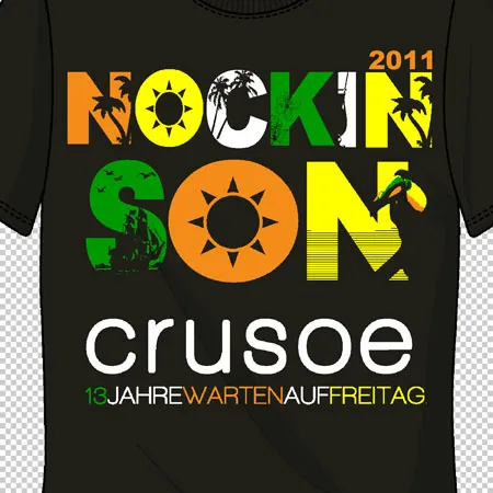 Schwarzes T-Shirt mit "Rockinson Crusoe" Text und Grafiken in Orange und Grün.