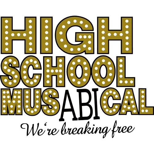 Text 'HIGH SCHOOL MUSICAL We're breaking free' auf rotem Hintergrund.