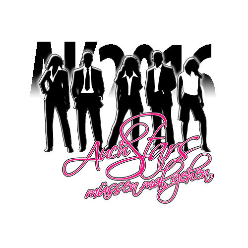 Silhouette von sieben Geschäftsleuten mit einem Slogan in rosa Schrift.