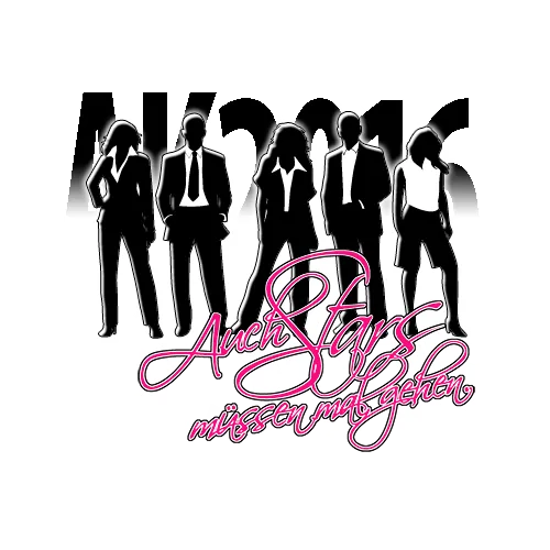 Silhouette von sieben Geschäftsleuten mit einem Slogan in rosa Schrift.