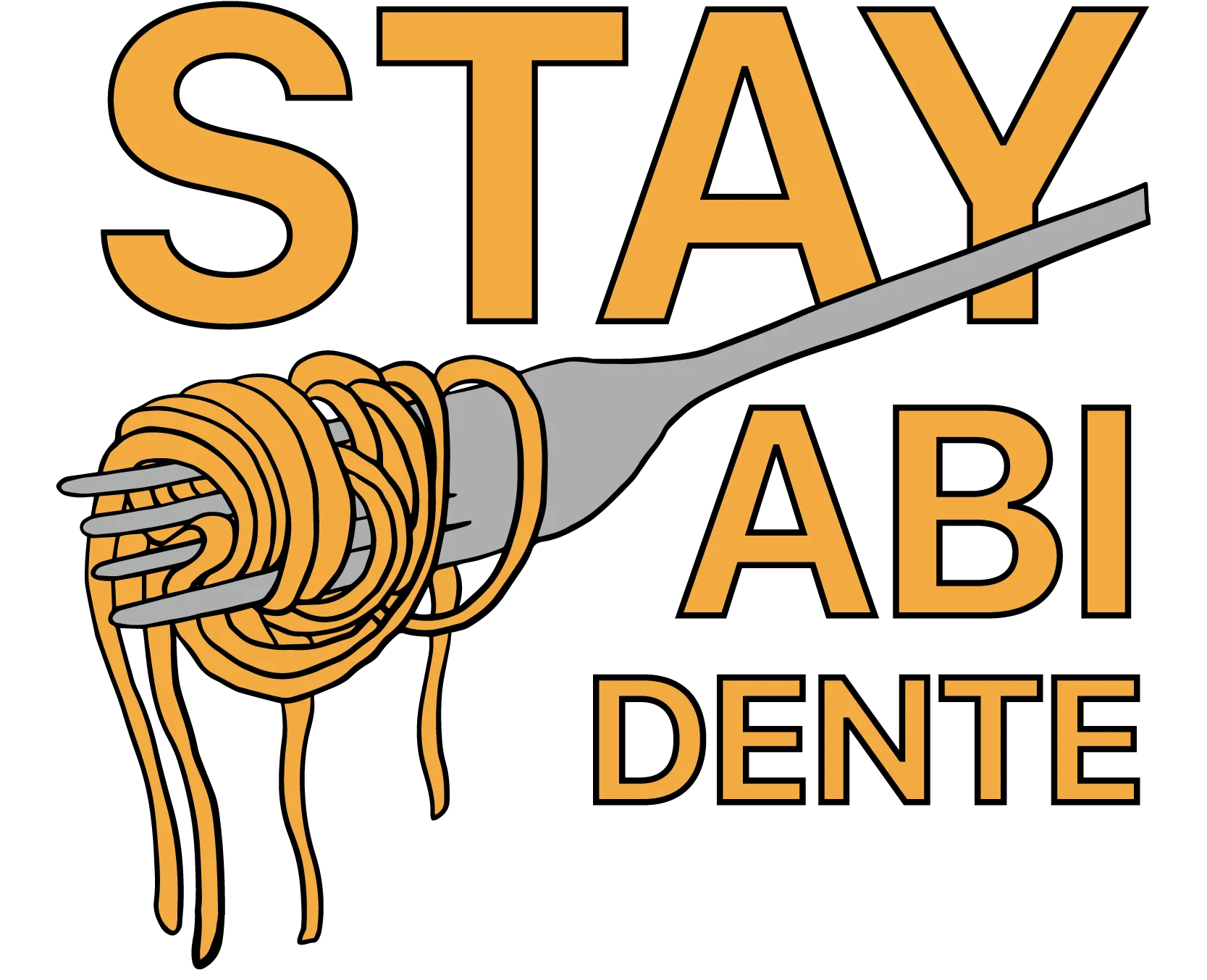 Gelbe Blockschrift Stay Abi Dente neben einer grauen Gabel mit umwickelter orangefarbener Spaghetti