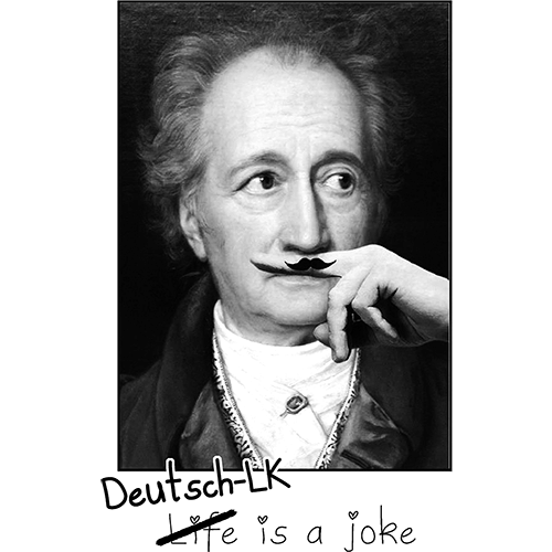 Montage von Albert Einstein mit einer falschen Schnurrbart-Aufsatz vor dem Mund und dem Spruch "Life is a joke".