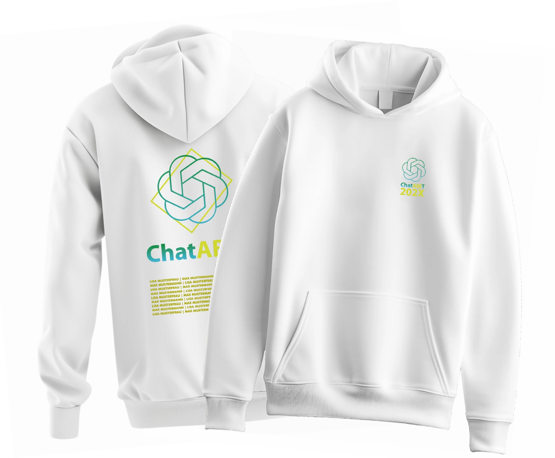 Zwei weisse Kapuzenpullover nebeneinander vorn kleines gruen und gelbes ChatAI202X Logo ueber Kaengurutasche hinten grosses Logo mit Schriftzug