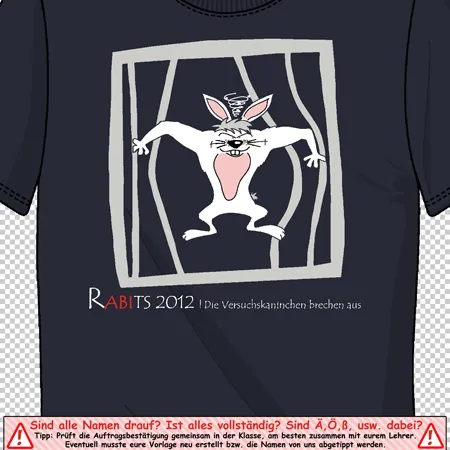 Schwarzes T-Shirt mit einem Cartoon-Hase, der aus einem zerbrochenen Fernseher ausbricht.
