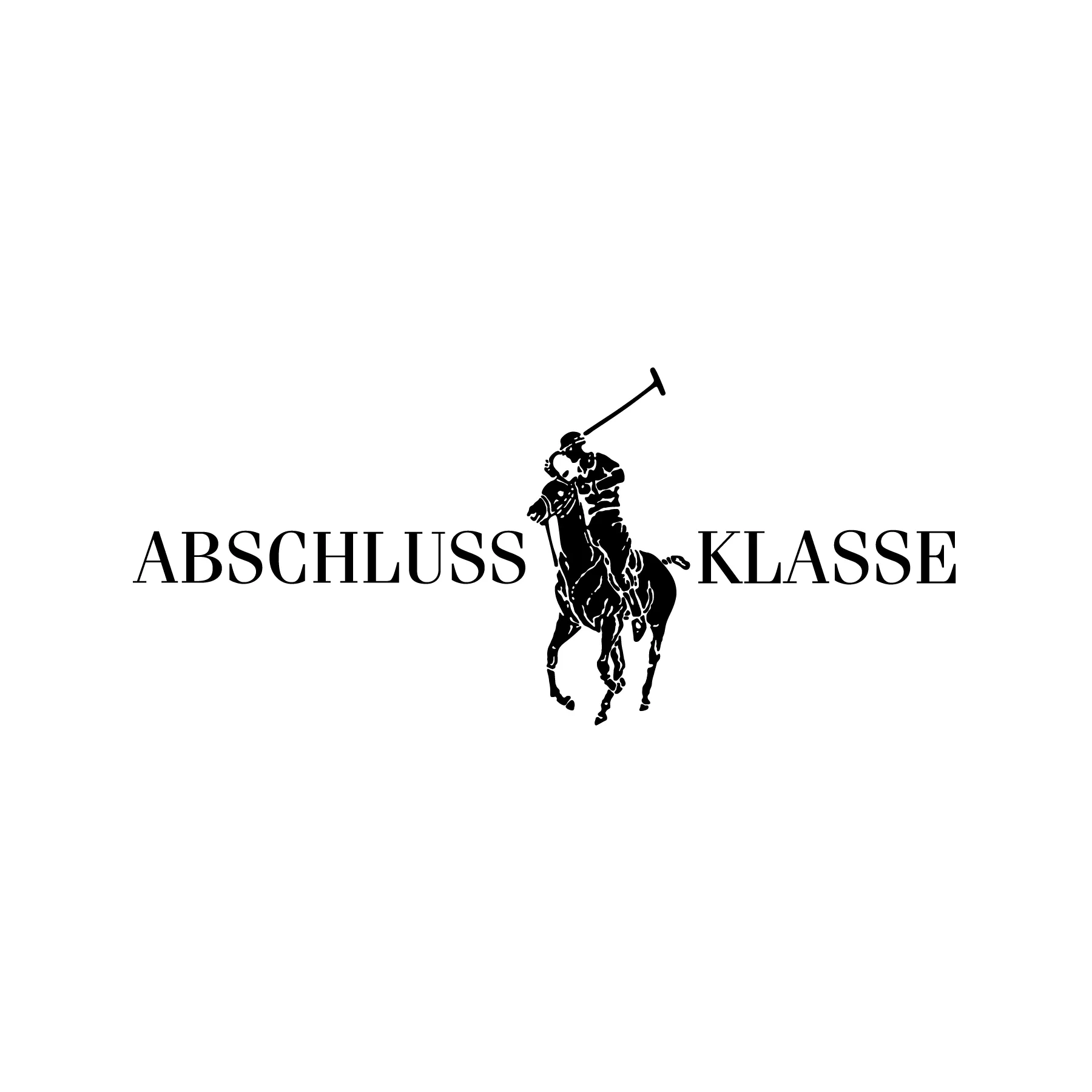 Silhouette eines Polospielers auf einem galoppierenden Pferd mit erhobenem Schlaeger zwischen den Worten ABSCHLUSS und KLASSE