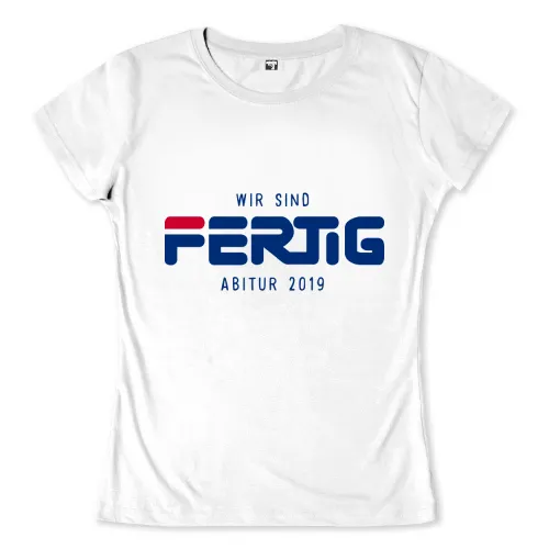 Grau meliertes T-Shirt mit der Aufschrift "WIR SIND FERTIG ABITUR 2019" in blau und rot.