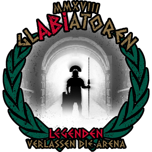 Silhouette eines Gladiators im Torbogen, umgeben von einem Lorbeerkranz und Text auf einem T-Shirt.