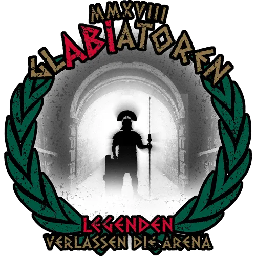 Silhouette eines Gladiators im Torbogen, umgeben von einem Lorbeerkranz und Text auf einem T-Shirt.
