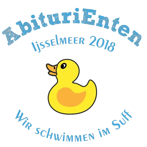 Gelbe Gummiente auf schwarzem Hintergrund, umgeben von blauen Texten 'AbituriEnten', 'Ijsselmeer 2018' und 'Wir schwimmen im Suff'.