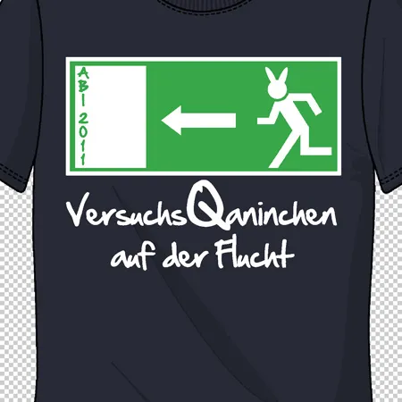 Schwarzes T-Shirt mit grünem Schild, das ein fliehendes Kaninchen zeigt, Text "VersuchsQaninchen auf der Flucht"