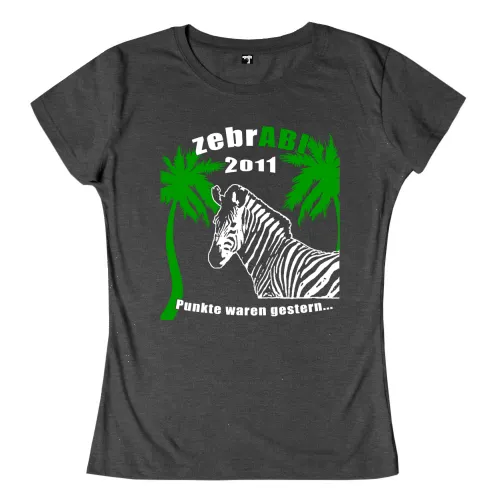 Ein T-Shirt-Design mit einem Zebra, zwei Palmen und dem Text "zebraBI 2011 - Punkte waren gestern..." in Weiß auf dunklem Hintergrund.