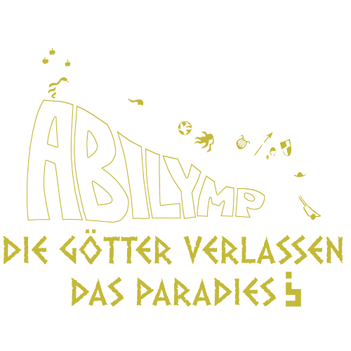 Grafik auf grauem Hintergrund zeigt stilisierte Figuren auf Wort "ABILYMP". Text "DIE GÖTTER VERLASSEN DAS PARADIES" darunter.
