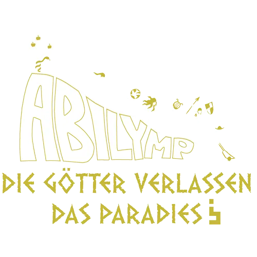 Grafik auf grauem Hintergrund zeigt stilisierte Figuren auf Wort "ABILYMP". Text "DIE GÖTTER VERLASSEN DAS PARADIES" darunter.