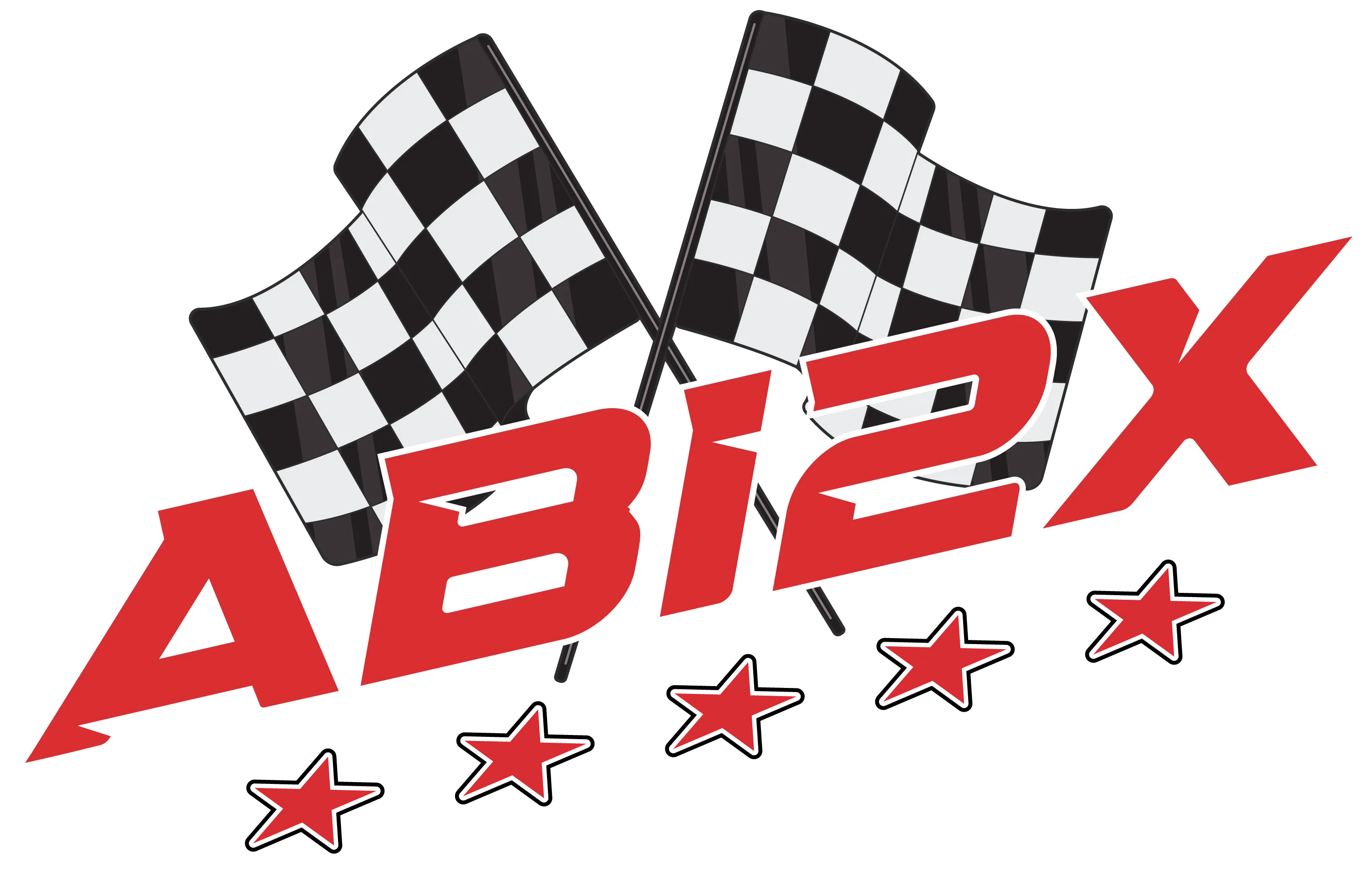 Zwei gekreuzte schwarz weisse Rennflaggen hinter rotem Schriftzug ABI2X mit fuenf roten Sternen darunter