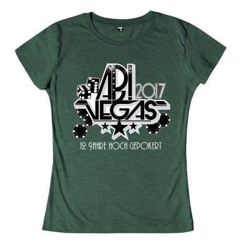 Grafik mit "APL VEGAS 2017", Sternen, Pokerchips und Würfeln, Text "12 Jahre noch gepokert" auf grünem Hintergrund.