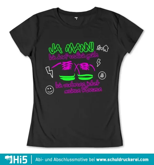 Schwarzes T-Shirt-Design mit neonfarbenem Text und Grafiken für einen Schulabschluss.