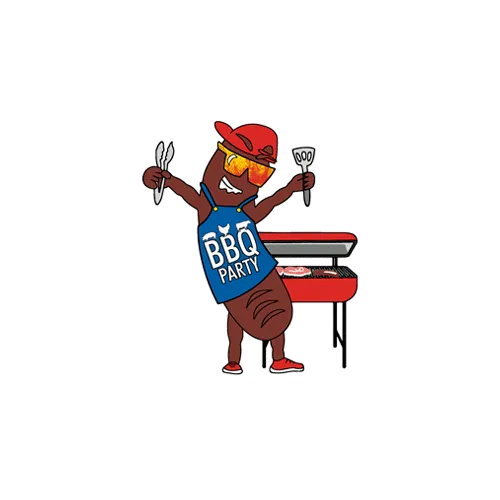 Animierte Wurst mit Hut und BBQ-Schürze steht neben einem Grill und hält Grillbesteck.