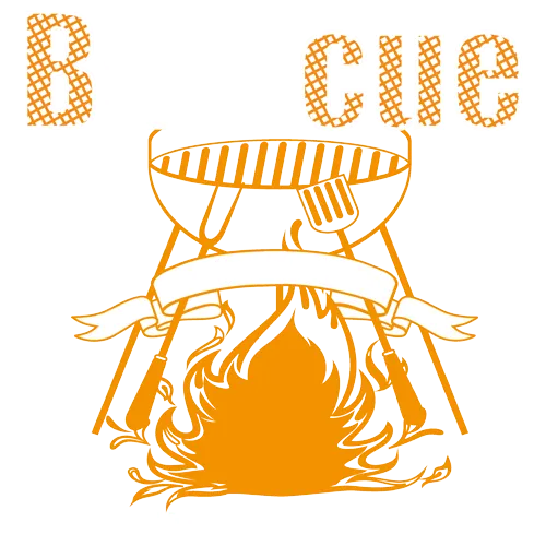 Ein orange-farbiger Umriss von einem Grill über flammenden Feuer, mit den Buchstaben 'B', 'C', 'C' oben.