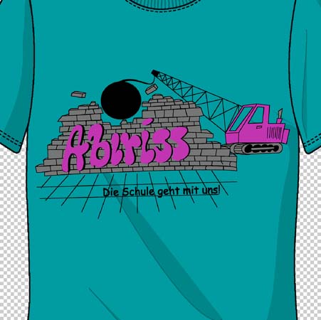 Türkisfarbenes T-Shirt mit Grafik eines Abrissballs, einer Mauer und einem Bagger.