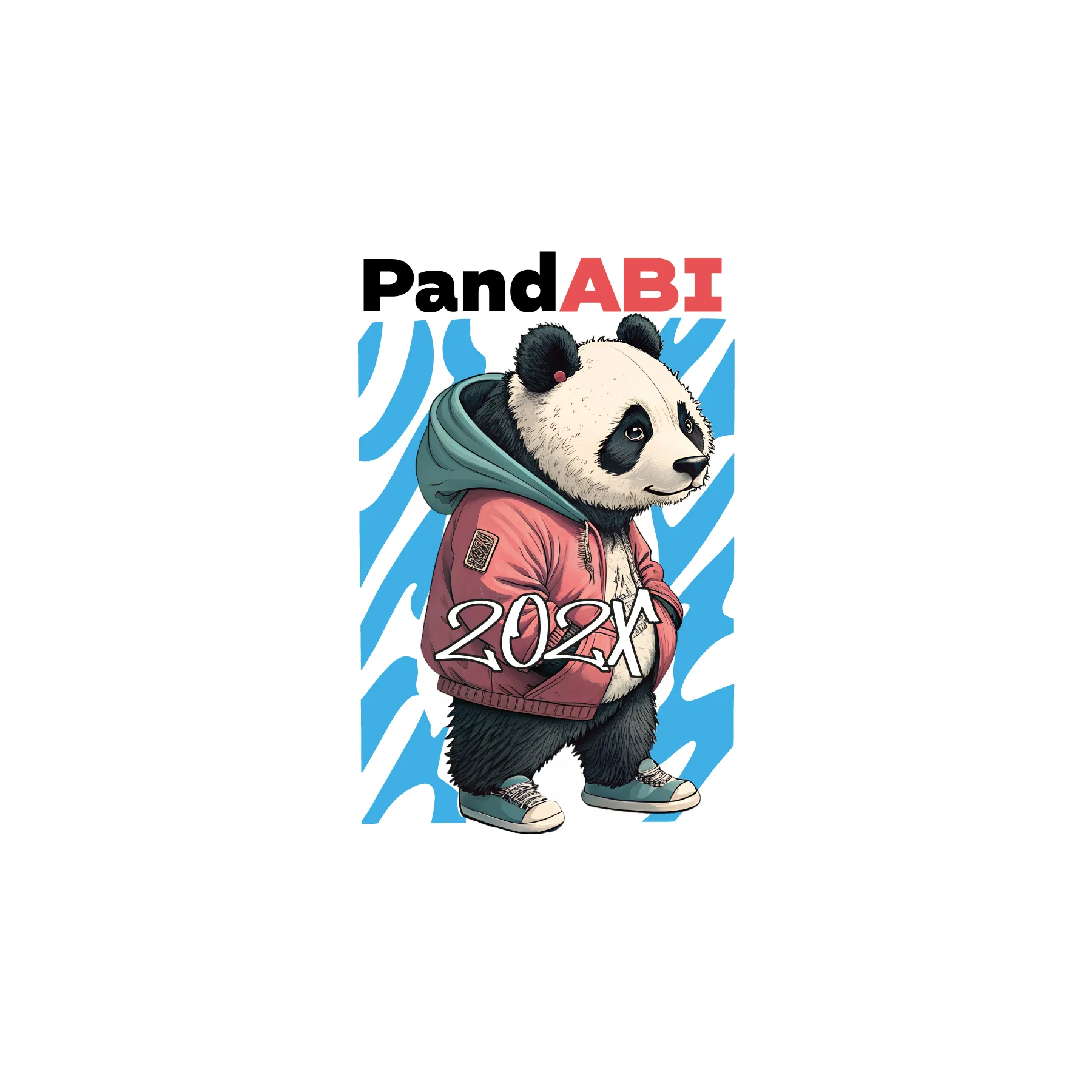 Illustration eines aufrecht stehenden Pandas in roter Jacke mit Kapuze und Sneakers vor blau weissen Wellenstreifen mit Schriftzug PandABI und 202X