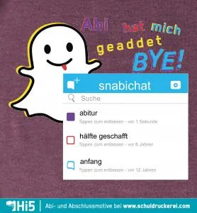 Illustration eines Geister-Logos mit Text 'Abi hat mich geaddet BYE!', Suchleiste und Nachrichten-Hinweisen.