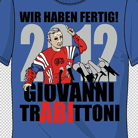 Comicdarstellung eines Trainers auf einem blauen Fußballshirt mit der Nummer 212 und Text.