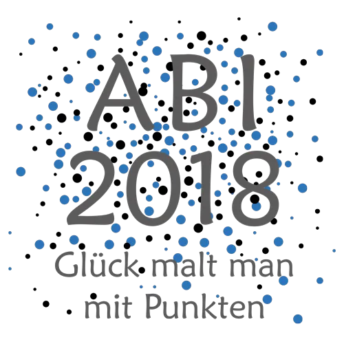 Blaues Design mit schwarzen Punkten, Text "ABI 2018 Glueck malt man mit Punkten".