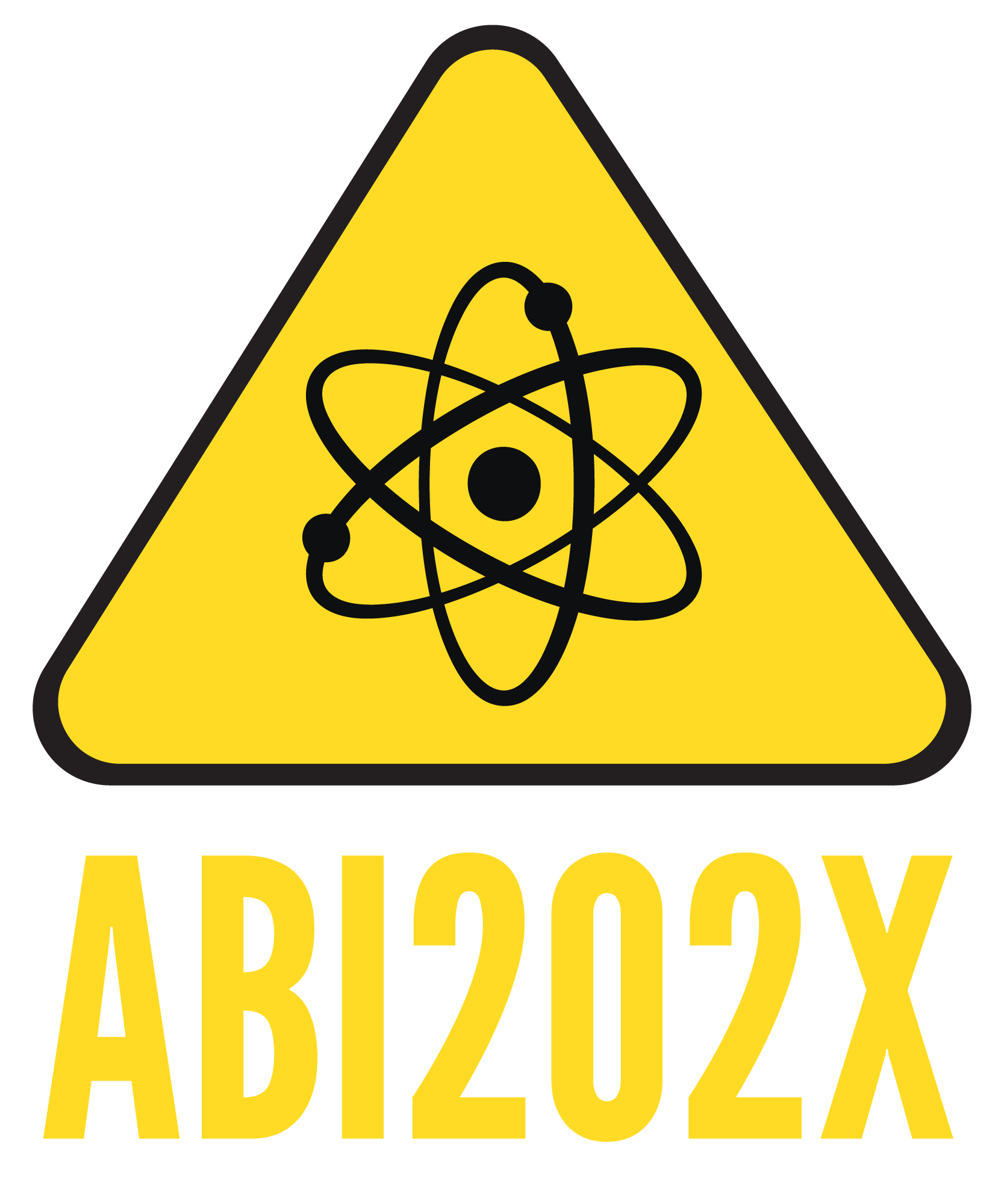 Gelbes Dreieck mit schwarzem Atom Symbol und Schriftzug ABI202X darunter
