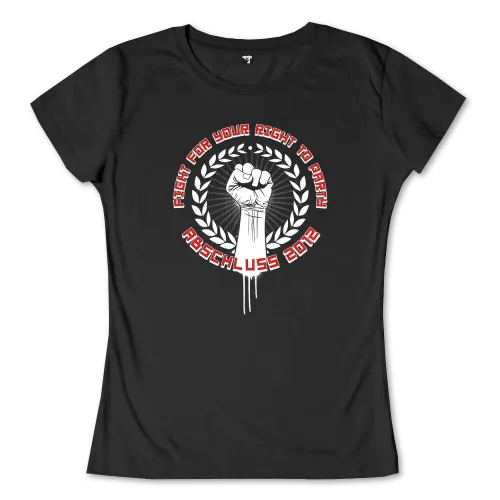 Logo mit Faust, umgeben von Lorbeerkranz und Text "Fight for your right to party, Abschluss 2012" auf schwarzem Hintergrund.
