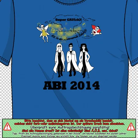 Blau bedrucktes T-Shirt mit "ABI 2014", Zeichnungen von Jugendlichen und Comic-Figuren.