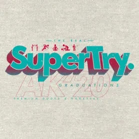 Logo mit den Wörtern "SuperTry Graduation" in verspieltem Stil auf rotem Hintergrund.