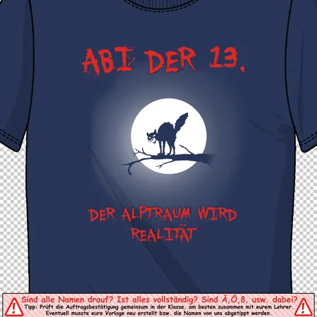 Dunkelblaues T-Shirt mit Wolf-Silhouette und Mond, Text "ABI DER 13.", "DER ALPTRAUM WIRD REALITÄT".
