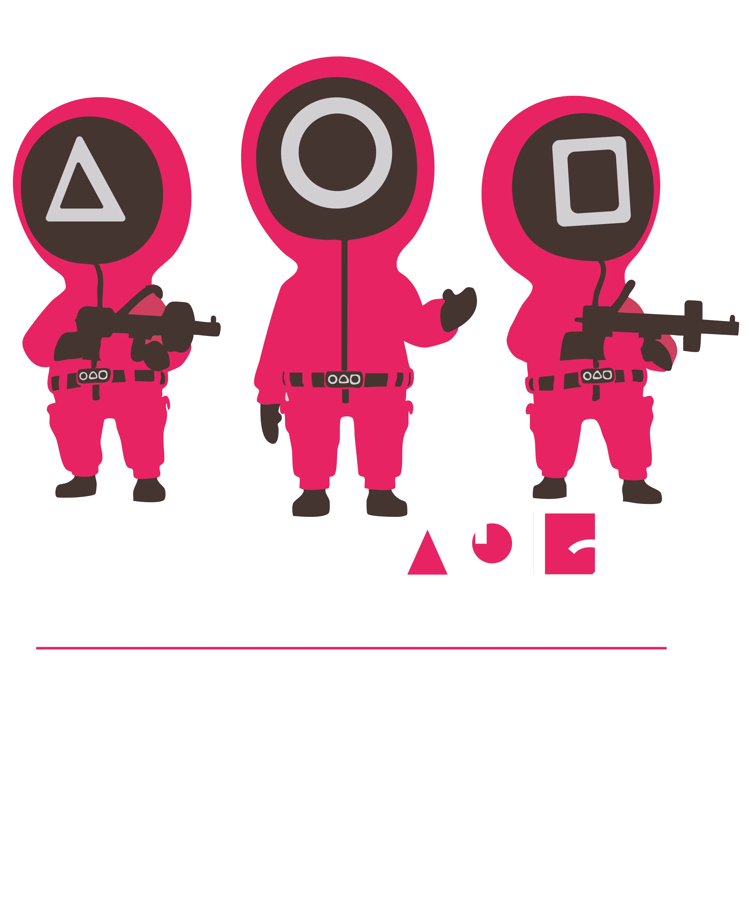 Drei maskierte Figuren in pinken Anzuegen mit Kreis Dreieck Quadrat auf Masken ueber dem Schriftzug Abi Game nicht alle kommen durch und Namensliste