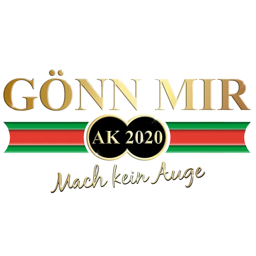 Grafik mit Text "GÖNN MIR (AK 2020) Mach kein Auge" auf grünem Hintergrund, rote und goldene Streifen oben und unten.