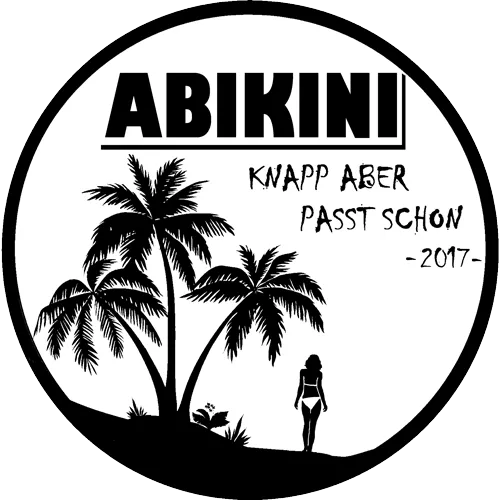 Logo mit Palmen, einer Silhouette, Text 'ABIKINI knapp aber passt schon -2017' in einem Kreis.