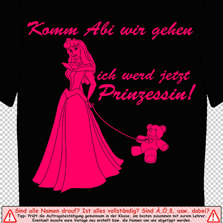 Schwarzes T-Shirt mit pinkfarbener Grafik einer Prinzessin, die einen Teddybär an der Leine hält, und deutschem Text.