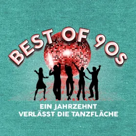 Silhouetten von fünf feiernden Personen unter einer Diskokugel, Text "BEST OF 90s" oben.