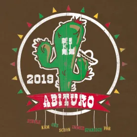 Illustration eines grünen Kaktus mit Sombrero, 2019 und Text 'Abituro' auf braunem Hintergrund.