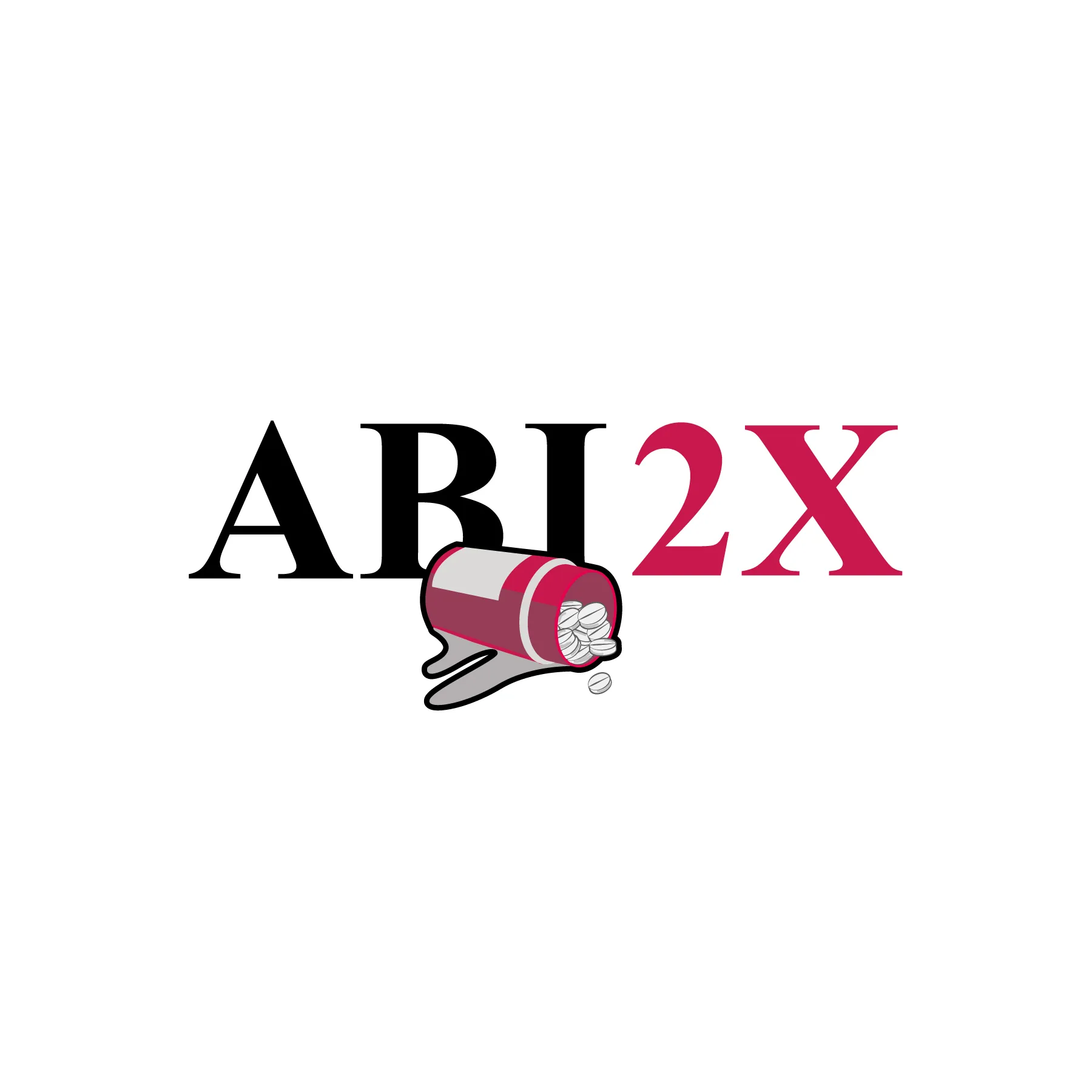 Logo mit schwarzem ABI und rotem 2X dazu ein umgestürzter rotgrauer Farbbecher aus dem weiße Tabletten fallen
