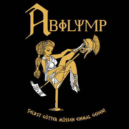 Illustration einer Figur im Stil antiker griechischer Kunst, die eine Urne putzt, Text "AbOlymp" und Spruch.