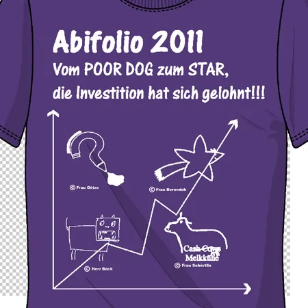 Lila T-Shirt mit weißer Grafik und Text "Abifolio 2011: Vom POOR DOG zum STAR, die Investition hat sich gelohnt!!!".