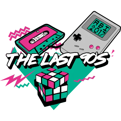 Grafik mit Kassette, Handheld-Spiel, Zauberwürfel und 'The Last 90s' Text auf gelbem Hintergrund.