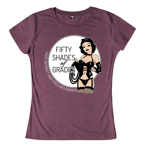 Grafik einer Comic-Frau im Pin-Up-Stil in Dessous, mit Text "FIFTY SHADES OF GRADES".