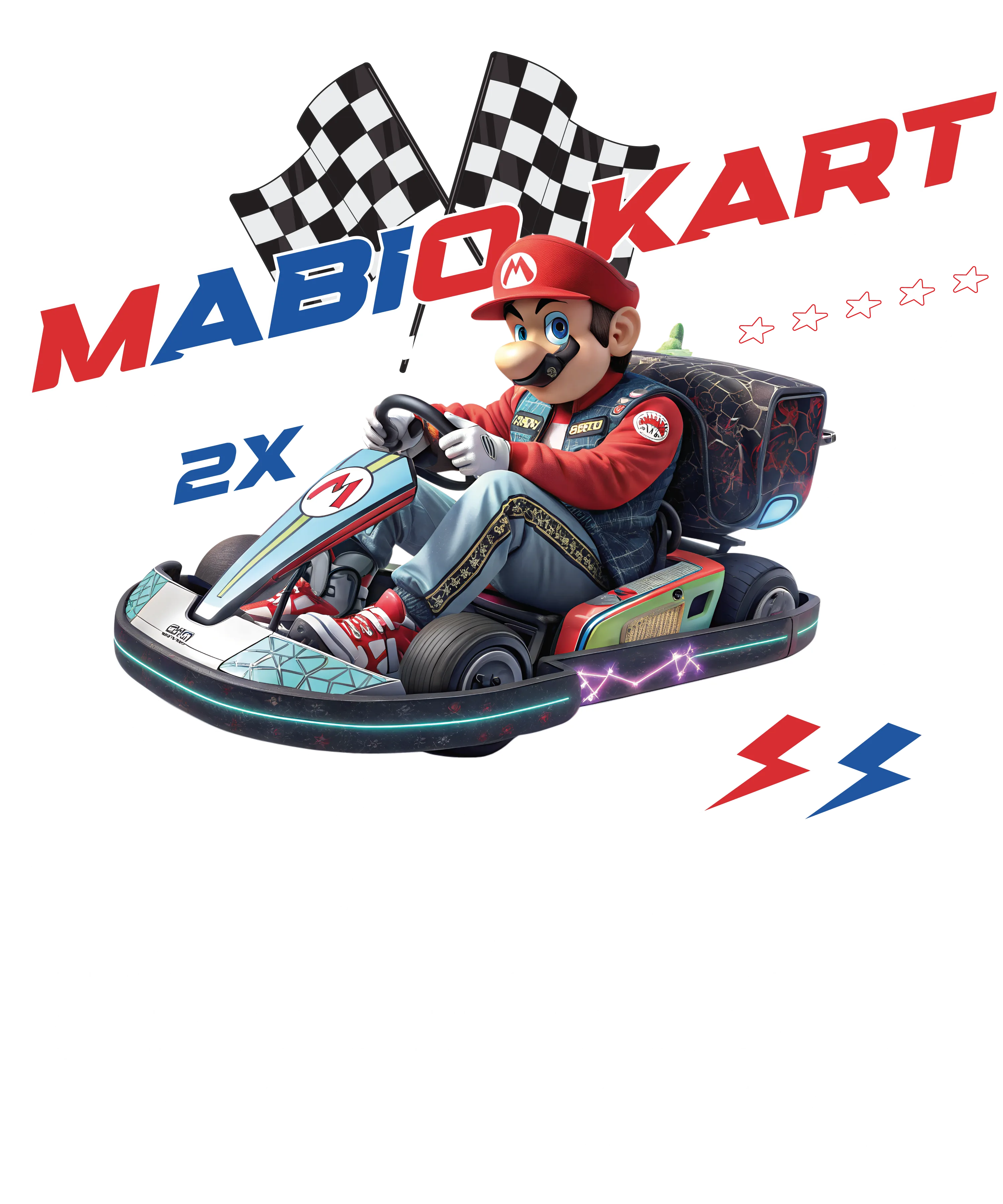 Mario im Rennanzug sitzt in einem futuristischen Go Kart vor dem Schriftzug MABIO KART und zwei Schachbrettflaggen