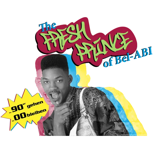 Bildcollage mit junger Person, 'The Fresh Prince' Graffiti, bunten Grafiken und Sprechblasen mit Text '90er gehen, 00 bleiben'.