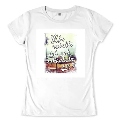Illustration einer Strandkulisse mit Schaukel, Palmen und Sonnenuntergang, Text: "Mir reicht's ich geh schaukeln. ASK 11"
