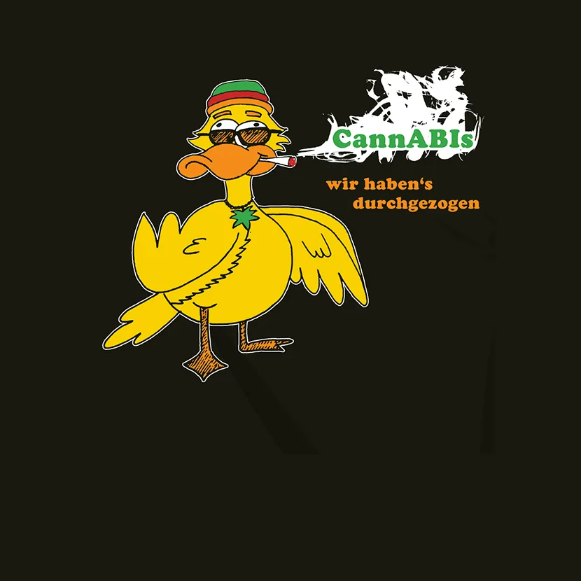 Gelbe Ente mit Sonnenbrille, raucht Joint und trägt Rastahut, auf schwarzem Hintergrund.